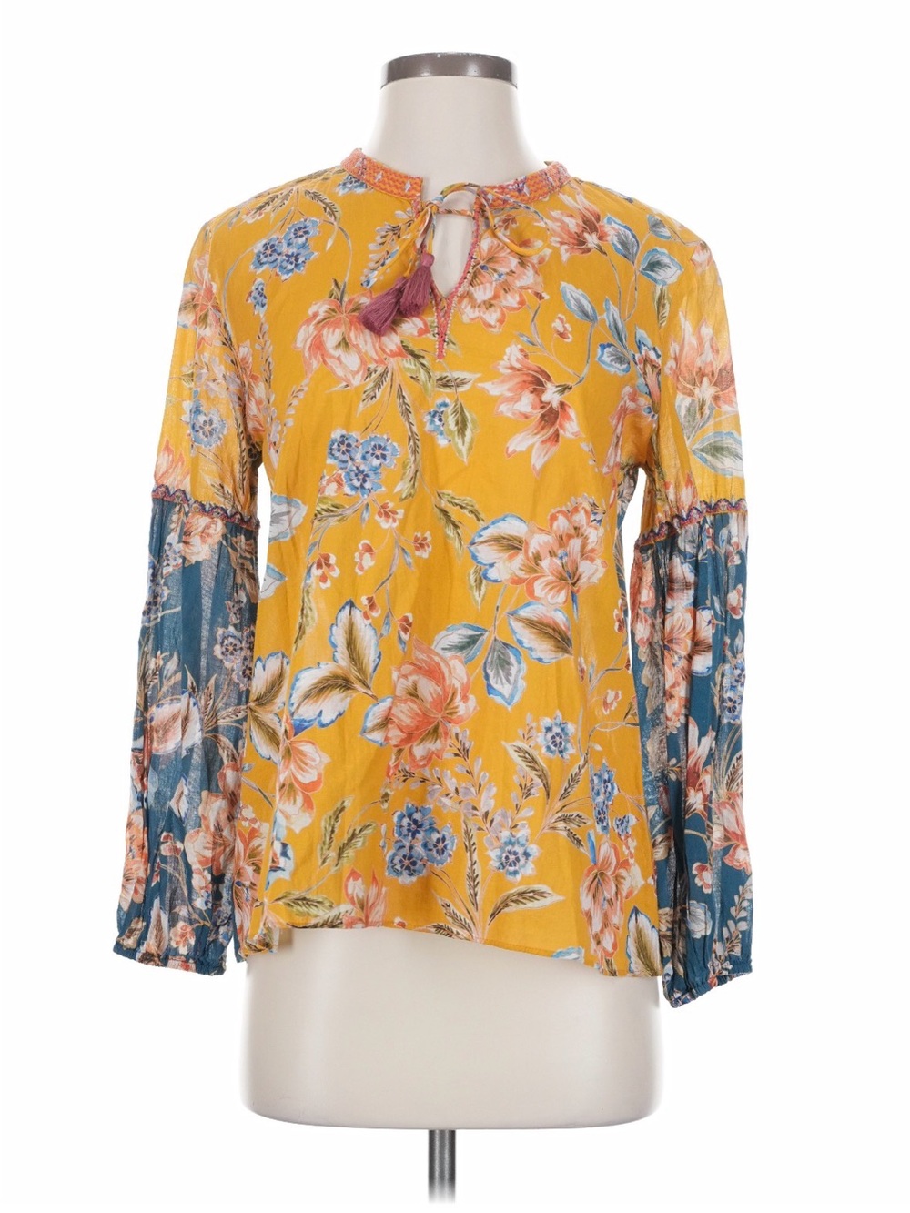 Johnny Was Workshop Mustard Floral Blouse w/ Teal Floral Sleeves and Tassel Tie